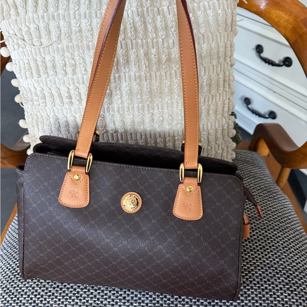 Rioni Italian Classic Monogram East West Satchel with Tan Leather Handles